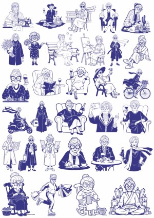 Stylish Elderly Women in Various Activities Line Art Set Free Vector