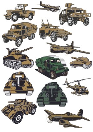 Set of Military Vehicles and Aircraft Vector Illustrations Free Vector