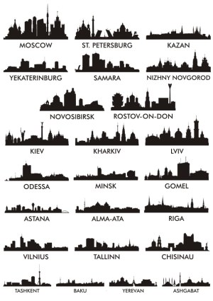 Silhouettes of Major Cities in Eastern Europe and Central Asia Free Vector