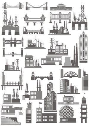 Industrial and Urban Architectural Silhouettes Vector Set Free Vector