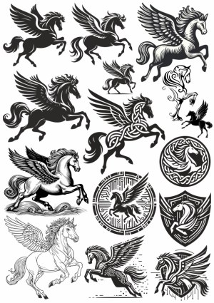 Collection of Black and White Pegasus Vector Illustrations Free Vector