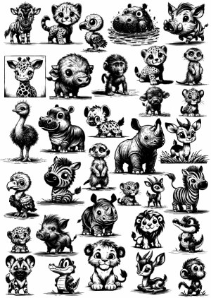 Black and White Cute Cartoon African Animals Collection Free Vector