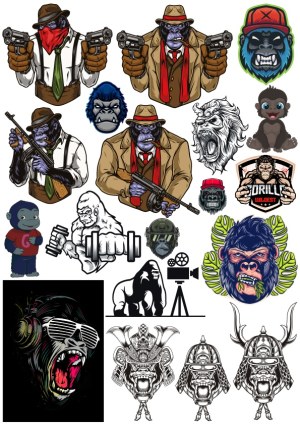 Gorilla and Ape Vector Illustrations with Guns, Samurai Helmets, and Various Expressions Free Vector