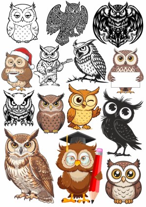 Collection of Diverse Cartoon and Realistic Owl Illustrations Free Vector