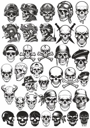 Collection of Detailed Skull Illustrations with Various Helmets and Accessories Free Vector