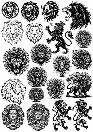 Collection of Black and White Stylized Lion and Heraldic Lion Designs Free Vector