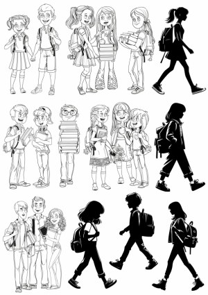 Schoolchildren Characters in Various Poses and Silhouettes Free Vector