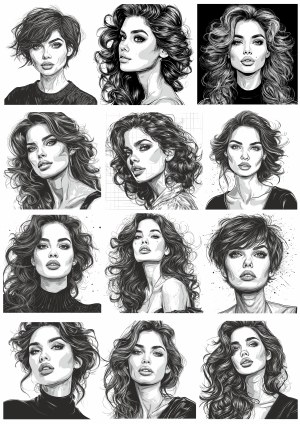 Set of Black and White Vector Portraits of Women with Varied Hairstyles Free Vector