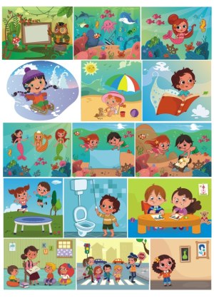 Collection of Colorful Children's Activities and Scenes Vector Illustrations Free Vector