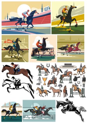 Horse Racing and Equestrian Jumping Vector Illustrations Free Vector