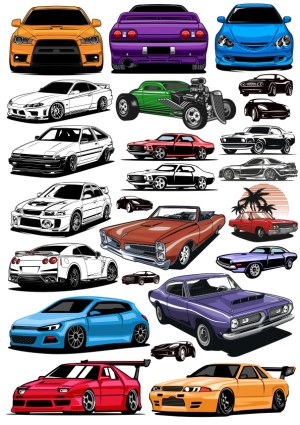 Collection of Sports Cars and Classic Muscle Cars Vector Illustrations Free Vector