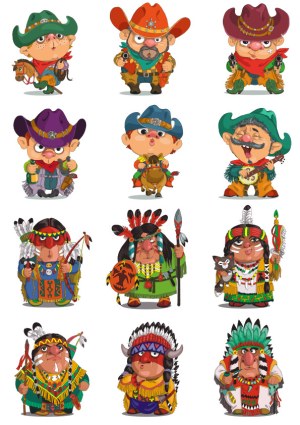 Set of Cartoon Western Cowboys and Native American Chiefs Characters Free Vector