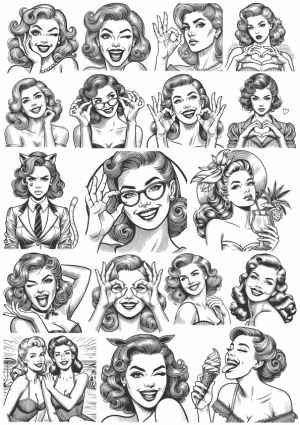 Vintage Pin-Up Style Women Facial Expressions and Poses Vector Set Free Vector