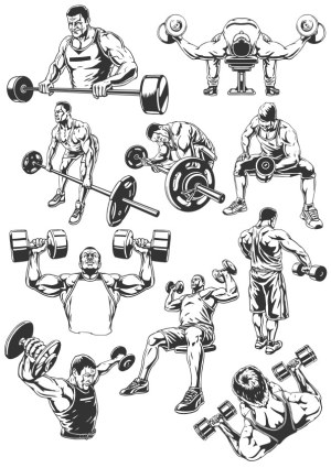 Set of Vector Illustrations Showing Men Lifting Weights and Exercising Free Vector