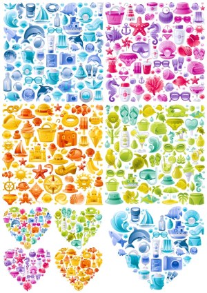 Colorful Summer Beach Icon Collections with Heart Shapes Free Vector