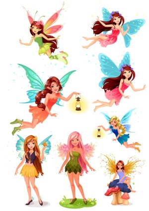 Set of Colorful Cartoon Fairy Characters with Wings Free Vector