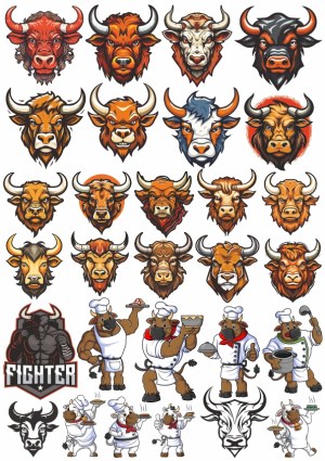Bull Heads and Bull Chef Cartoon Vector Collection Free Vector
