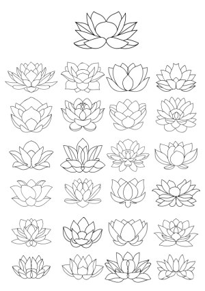 Set of 24 Black Outline Lotus Flower Vectors Free Vector