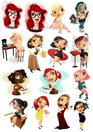 Collection of Stylized Cartoon Women Characters in Various Poses and Activities Free Vector