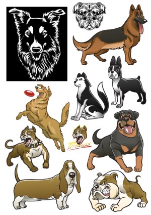 Vector illustrations of various dog breeds including German Shepherd, Bulldog, Husky, and more Free Vector