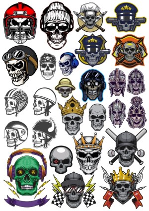 Collection of Stylized Skull Vector Illustrations with Helmets and Accessories Free Vector