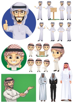 Arab Male Characters with Traditional Clothing Expressive Poses Free Vector