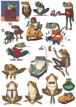 Illustrated Frogs with Various Poses and Accessories Free Vector