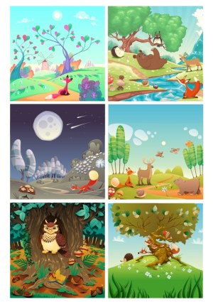 Illustrated Cartoon Forest and Wildlife Scenes Set Free Vector