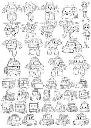 Set of Black and White Cartoon Robot Vehicles and Characters Line Art Free Vector