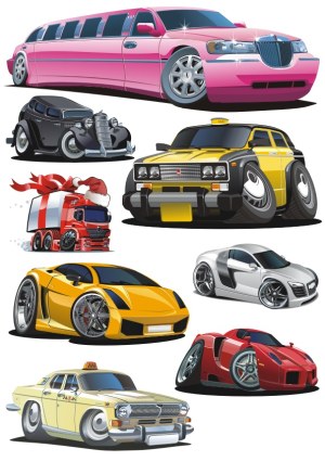 Set of Cartoon Styled Colorful Cars and Truck Vector Illustrations Free Vector