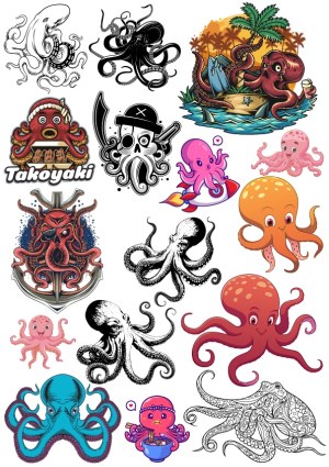 Collection of Colorful and Black-and-White Octopus Illustrations and Cartoon Designs Free Vector