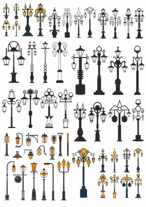 Collection of Classic and Vintage Street Lamp Post Vector Silhouettes Free Vector