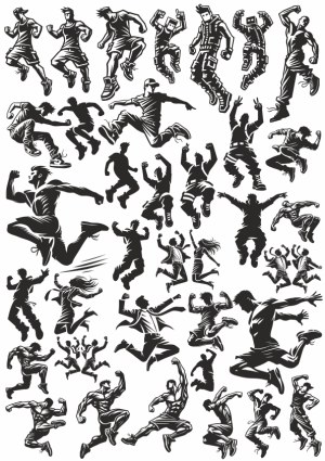Dynamic Jumping and Dancing Male Silhouettes Vector Set Free Vector