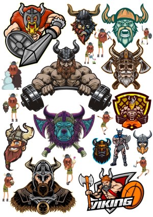 Collection of Viking Warriors and Nordic Symbols Vector Illustrations Free Vector