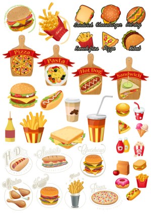 Vector Collection of Fast Food Items including Burgers, Fries, Pizza, and Hot Dogs Free Vector