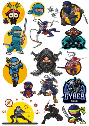 Collection of Cartoon Ninja Characters and Cyber Ninja Icons Free Vector