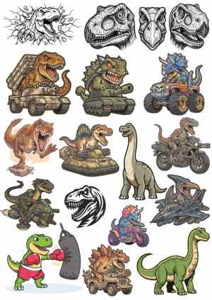 Collection of Cartoon and Realistic Dinosaur Illustrations with Vehicles and Accessories Free Vector