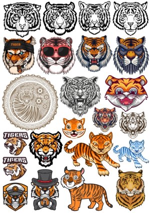 Collection of Tiger Heads and Cartoon Tiger Illustrations Free Vector