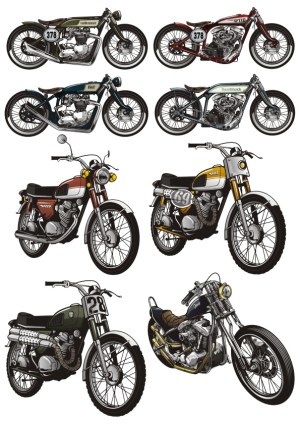 Illustrated Collection of Vintage and Classic Motorcycles Free Vector