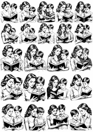 Monochrome Vector Illustrations of Woman Reading with Boy Free Vector