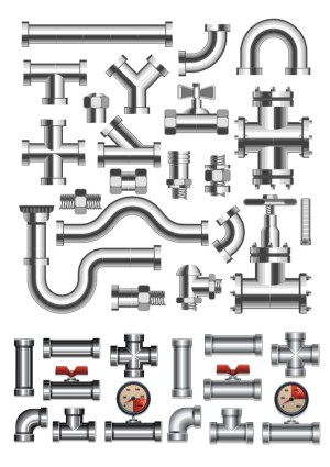 Set of Industrial and Plumbing Pipes with Valves and Gauges Vector Free Vector