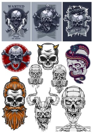 Collection of Detailed Horror and Skull-Themed Vector Illustrations Free Vector