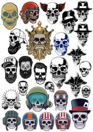 Collection of Detailed Skull Illustrations with Various Hats and Helmets Free Vector