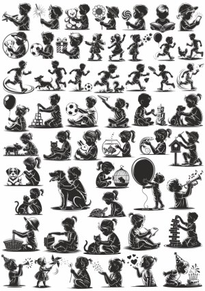 Silhouette Vector Illustrations of Children Playing and Interacting with Pets Free Vector