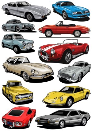 Collection of Classic and Vintage Car Vector Illustrations Free Vector
