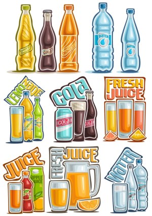 Vector Collection of Bottled Drinks and Juice Glasses Free Vector