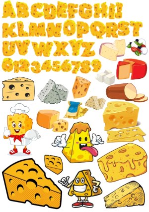 Cheese Alphabet and Cartoon Cheese Characters Vector Set Free Vector