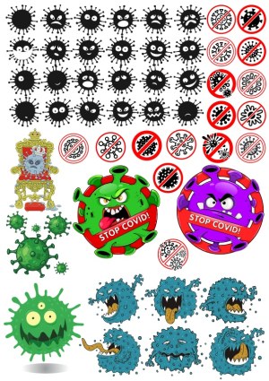 COVID-19 Virus Cartoon Icons and No Virus Stop Signs Free Vector