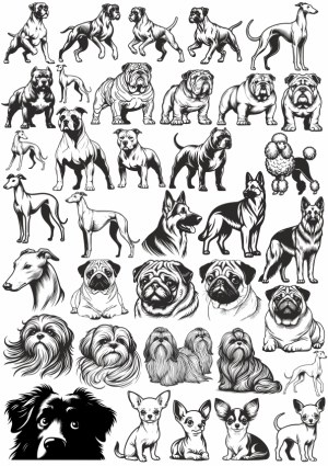 Black and White Vector Illustrations of Various Dog Breeds Free Vector