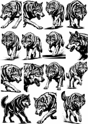 Set of Detailed Black and White Wolf Illustrations in Various Poses Free Vector